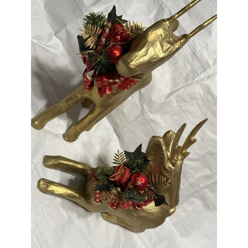 Pair Of Papier Mache Gold Deer Christmas Decorations Reindeer Figurines Holiday - Picture 4 of 7